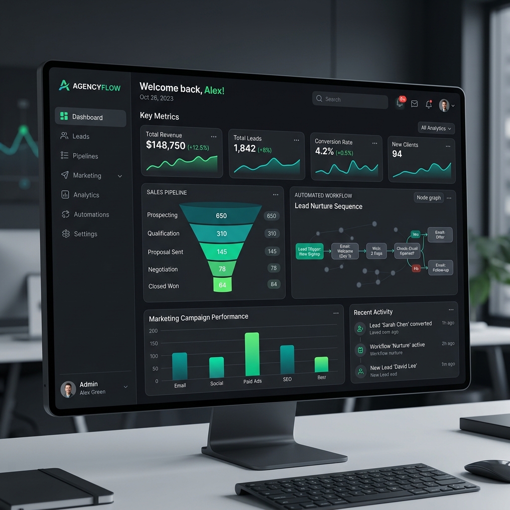 GoHighLevel Marketing Automation CRM Dashboard Mockup